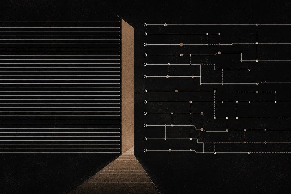 A ruled wall meeting a copper threshold, with circuit-like routing running off to the right.