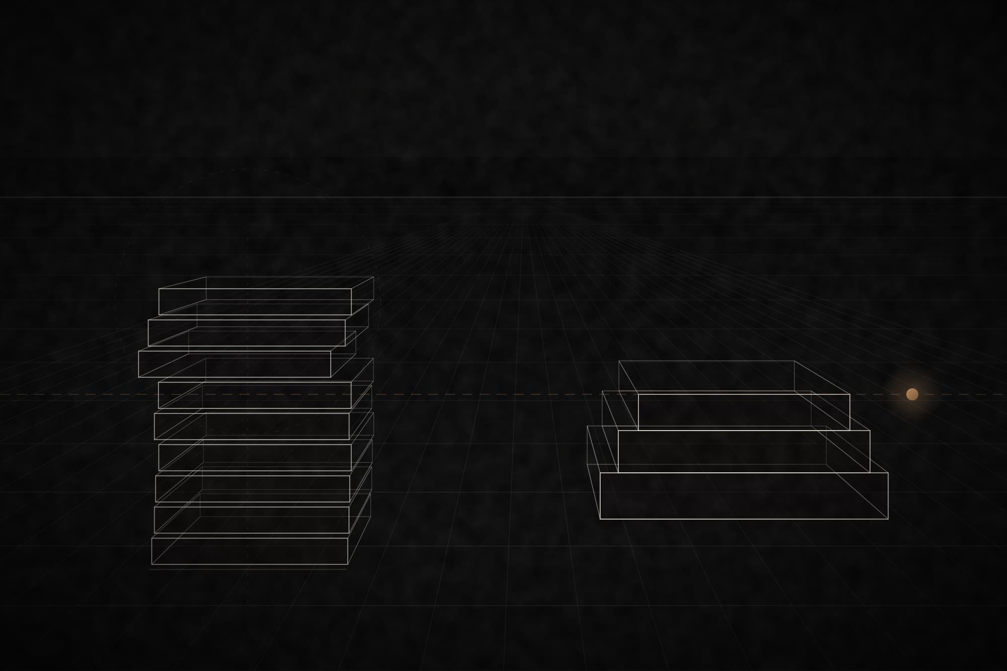 A tall stack of thin misaligned wireframe slabs beside one low aligned volume, on a perspective floor.