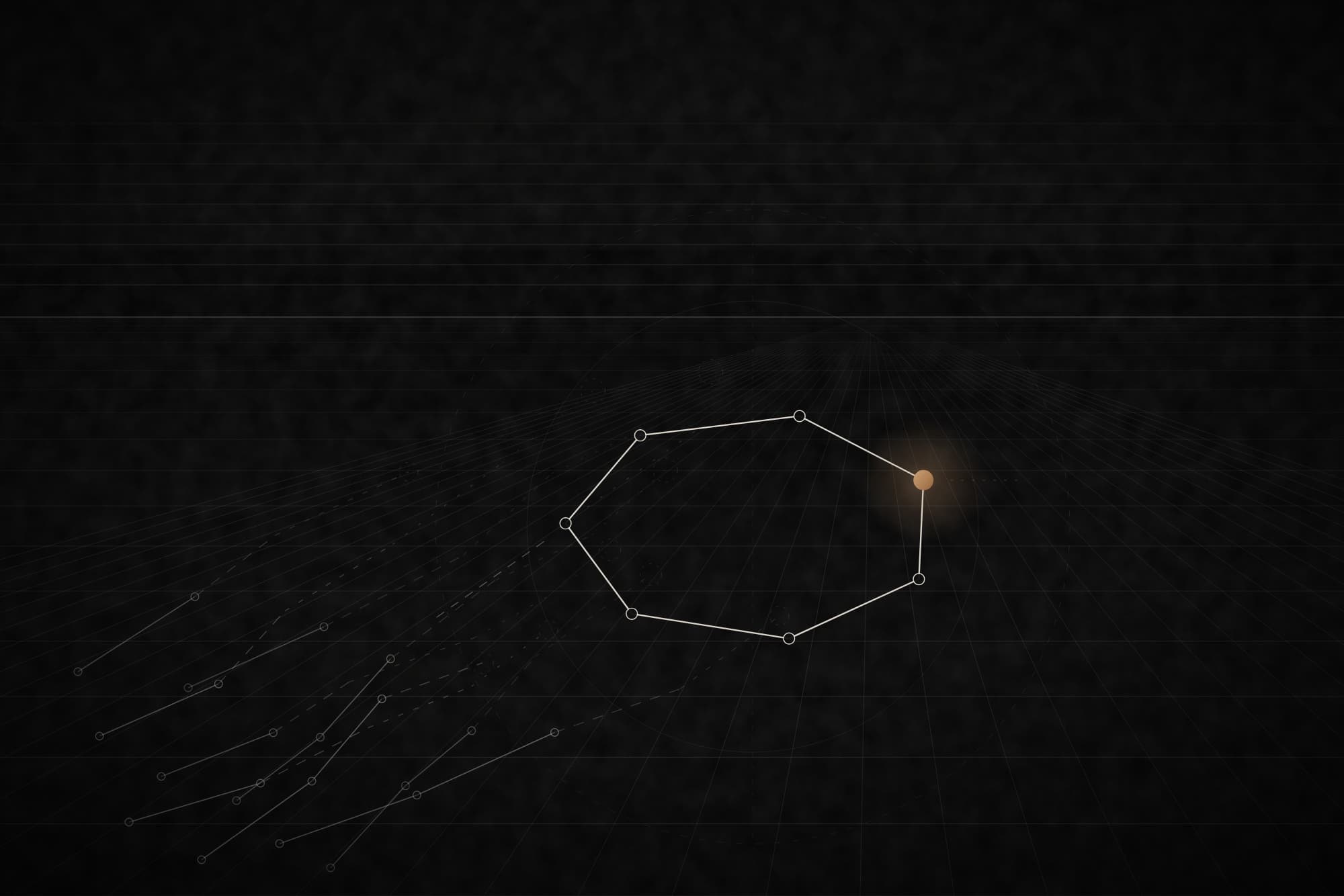 Nine routes across a perspective floor, each giving out into dashes and dots, and one closed seven-sided loop that completes, marked in copper where it closes.